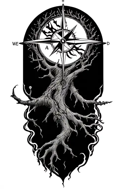 Nordic tree of life and compass with Japanese wind bars tattoo design idea