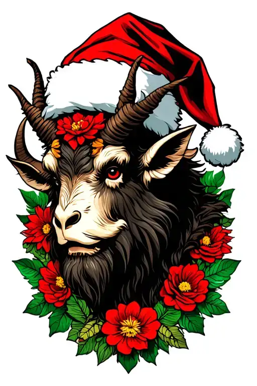 krampus and santa hat and capricorn and flowers tattoo design idea