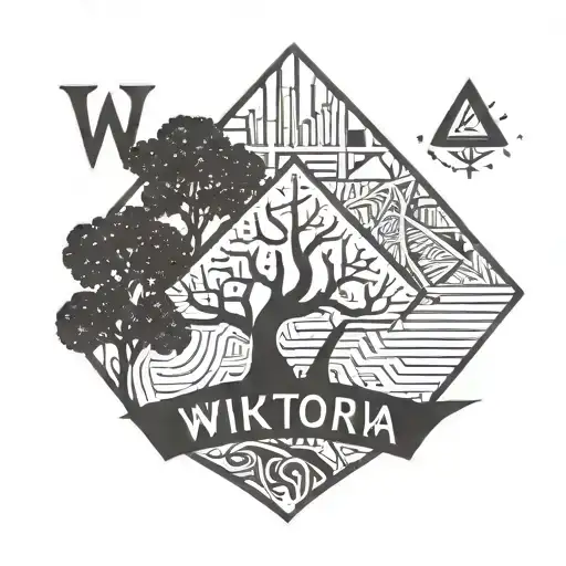 Name "WIKTORIA" and Date 21 12 2024 written in linguistic lovewind and sharp geometrical trees on the sides and behind  tattoo design idea