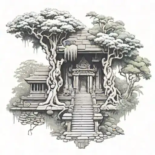dragon angkor wat surrounded by cannonball tree tattoo design idea