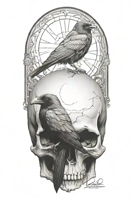 raven on skull with gothic background tattoo design idea