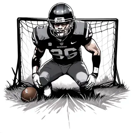 football player kneeling before goal post apocalyptic landscape tattoo design idea