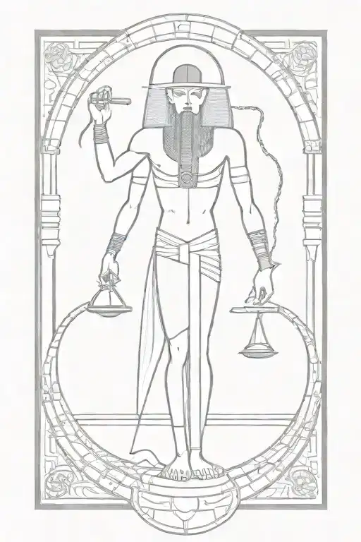 Egyptian depiction of thoth holding an ankh in one hand, an hourglass in the other hand & an ouroborous infinity below tattoo design idea