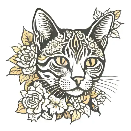 cat with cempasuchil flowers tattoo design idea