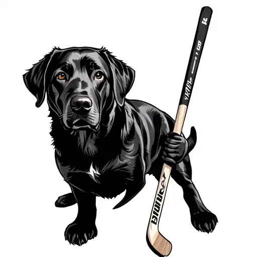 black lab holding hockey stick tattoo design idea