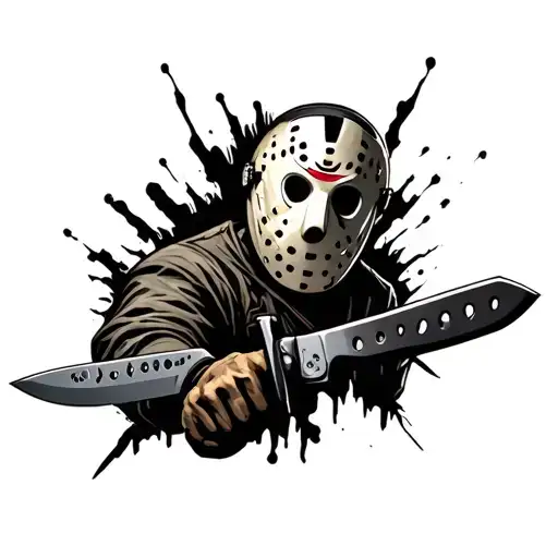 Jason Voorhees whit knife and head tattoo holding tattoo design idea