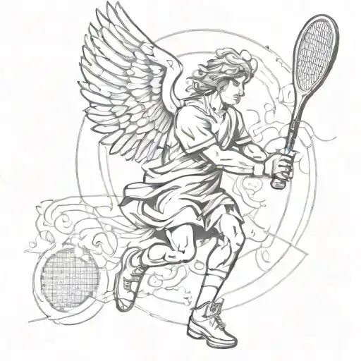 A sketch tattoo of a guardian angel playing tennis, symbolizing the client's belief in divine protection and their dedication to the sport tattoo design idea