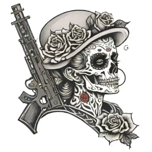 skull woman sexy alternative music roses guns tattoo design idea
