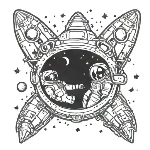 rocket ship in space with an astronaut dog tattoo design idea