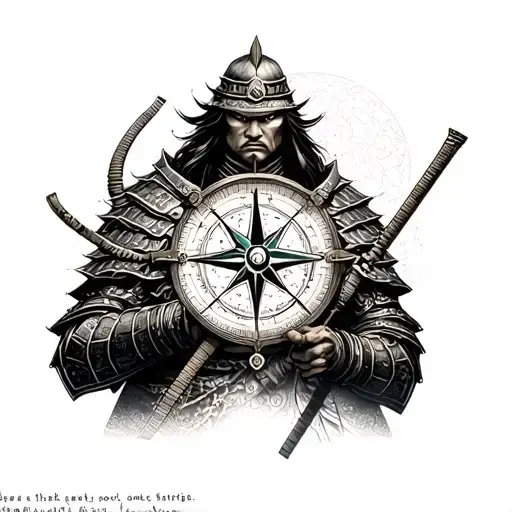 japanese warrior with compass, japanese quotes incorporated tattoo design idea