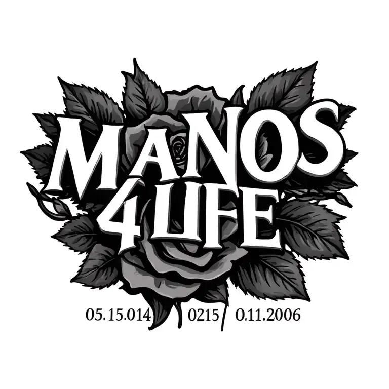 "MANOS 4 LIFE" rose and 2 Roman numeral birthdays 05/15/2004 08/13/2006 tattoo design idea
