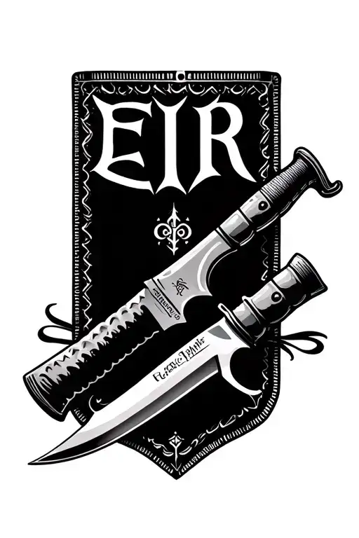 A large inscription Eir and a condom on which a hunting knife lies tattoo design idea