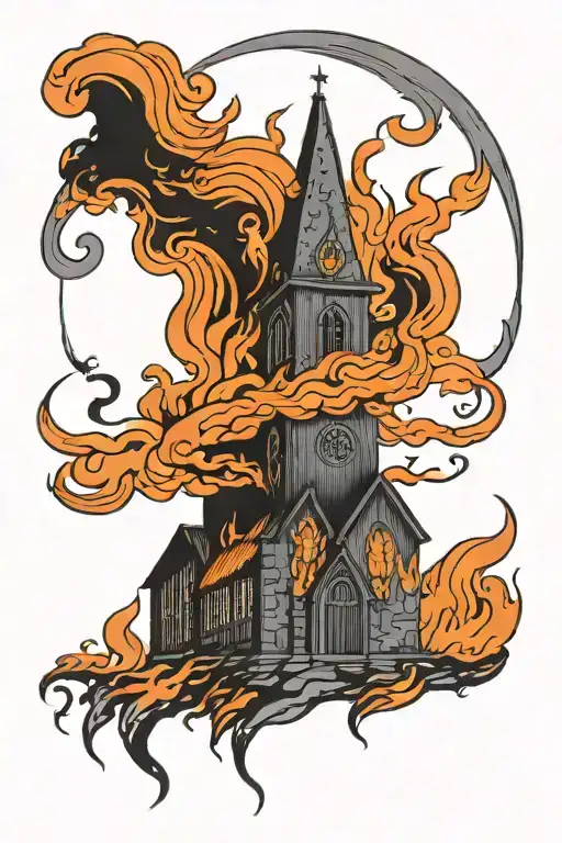 Dark nordic  burning church black grey orange fire tattoo design idea