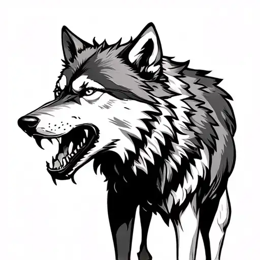  powerful and fearless wolf with its mouth open, revealing sharp teeth. The wolf is standi tattoo design idea