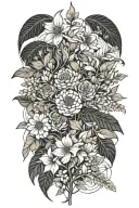 birth flower bouquet with May, August, October, November, February flowers with tree branches tattoo design idea