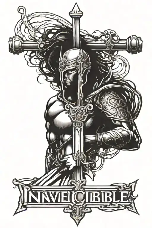 The word "Invincible" with claymore  through it on the top tattoo design idea