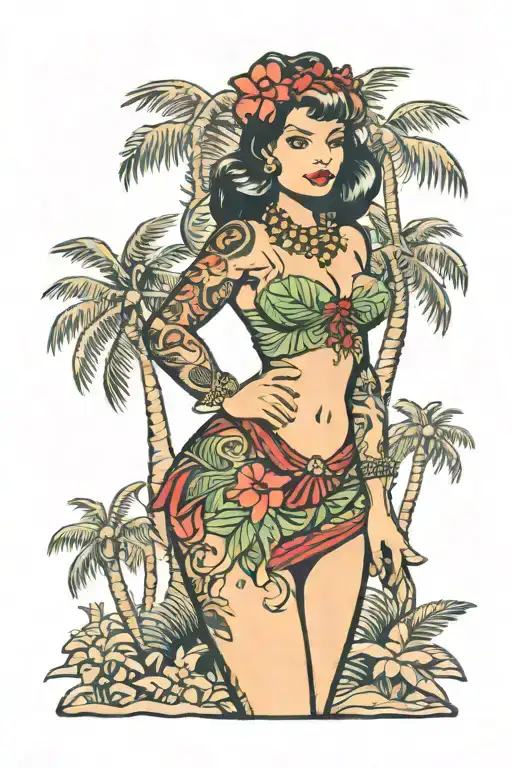 hula girl pin up  with tattoos standing with palm tree tattoo design idea