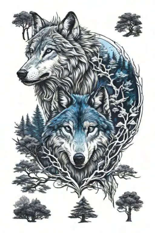 wolf in blue eyes howling forest scene tattoo design idea