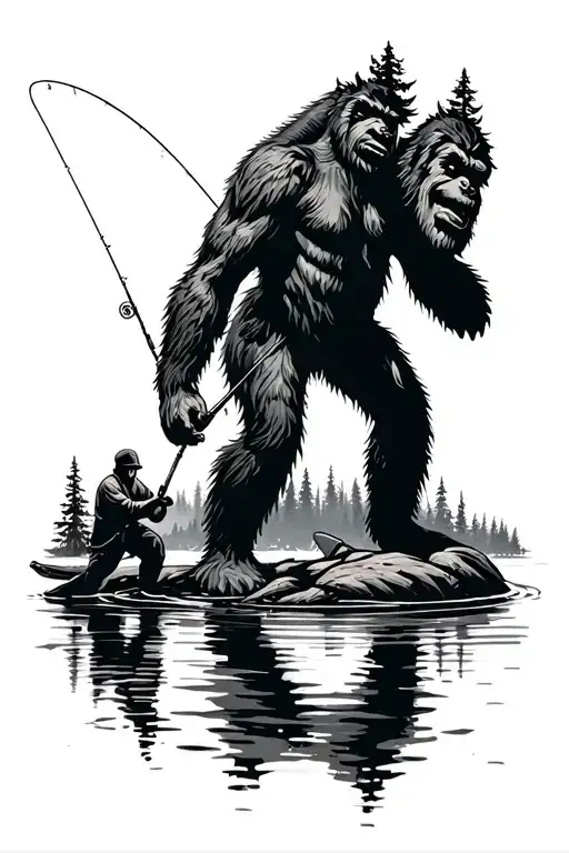 guy fishing in pond with big foot in the woods in the back  tattoo design idea