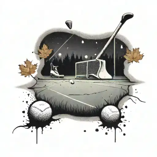 A surreal scene of a hockey rink transformed into a golf course, with baseballs falling from the sky and maple leafs floating in the air tattoo design idea
