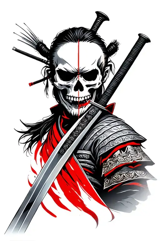 samurai with his sword drawn, front on witht he blade separating his face. Half his face is a skull, the other half aliv tattoo design idea