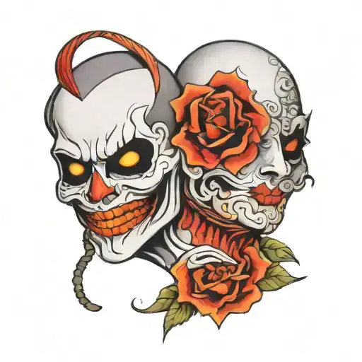 laugh now cry later with a mask on a face  tattoo design idea