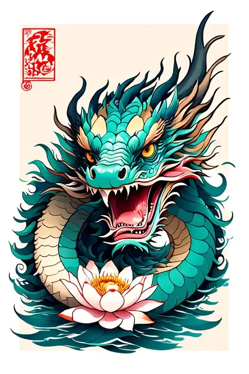 Japanese dragon with lotus flowers tattoo design idea