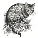 Cat with sakura flowers tattoo design idea