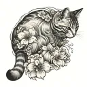 Cat with sakura flowers tattoo design idea