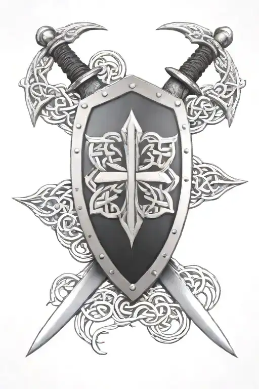 celtic shield with crossed swords behind it tattoo design idea