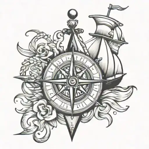 Compass anchor cruise ship black and gray color tattoo  tattoo design idea