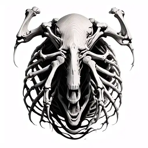 beksinski creature bones Japanese wood art style tattoo design idea
