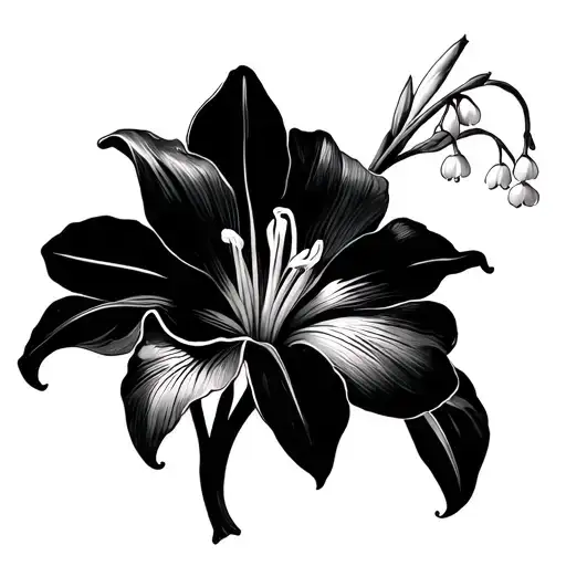 lily of the valley and iris black and white tattoo design idea
