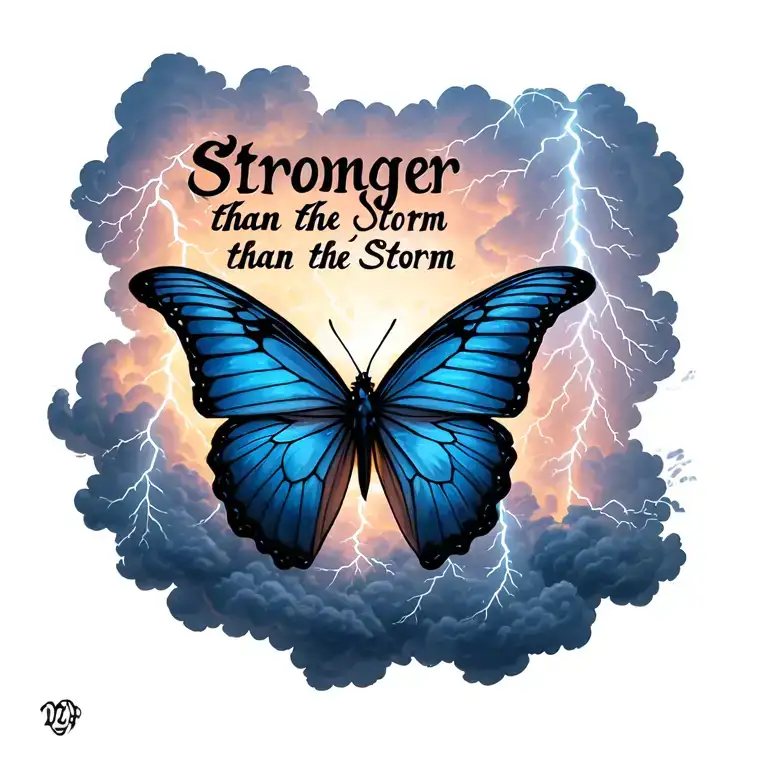 "Stronger than the storm" "Stronger than the storm" "Stronger than the storm" butterfly emerging from storm clouds forming the shape lightening tattoo design idea