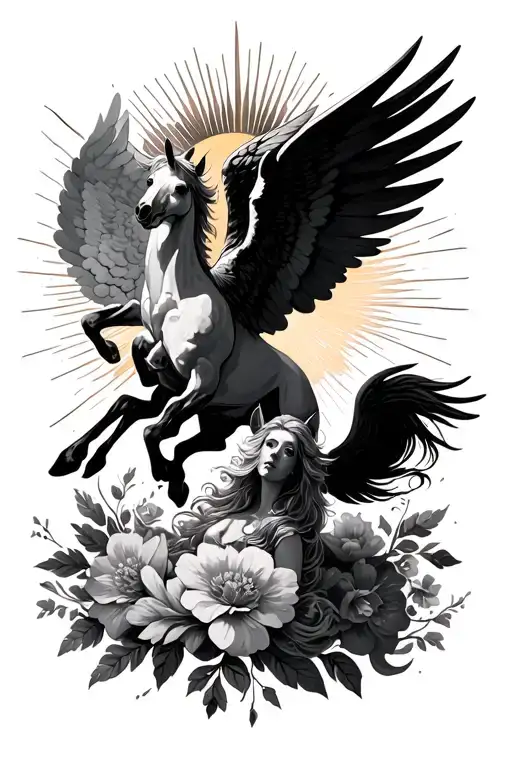 pegasus and flying angel with flowers and sun rays and clouds  tattoo design idea