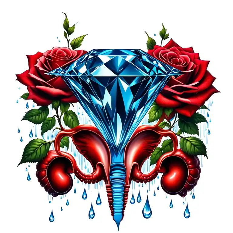 side-view blue diamond, red rose, rain drops, surrounded by ovaries fallopian tubes uterus, vagina, feminine tattoo design idea