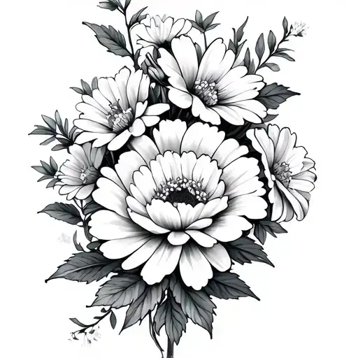 Neo-Traditional style with vibrant carnations and daisies intertwined with cherry blossoms and lilies. tattoo design idea