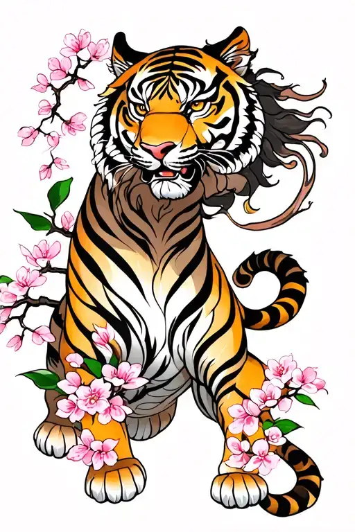 Chinese tiger and cherry blossom tree tattoo design idea