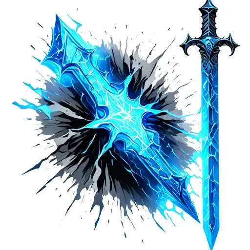 cracked sword glowing blue energy floating tattoo design idea