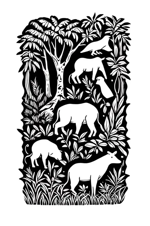 Primitive drawing of a forest with animals. Landscape with dense vegetation, grass, trees. Tropical animals and birds in tattoo design idea