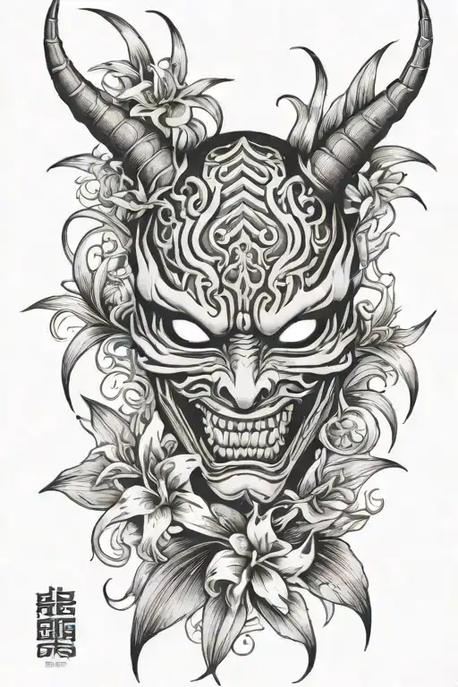 oni mask split in half, spider lillies on the right side tattoo design idea