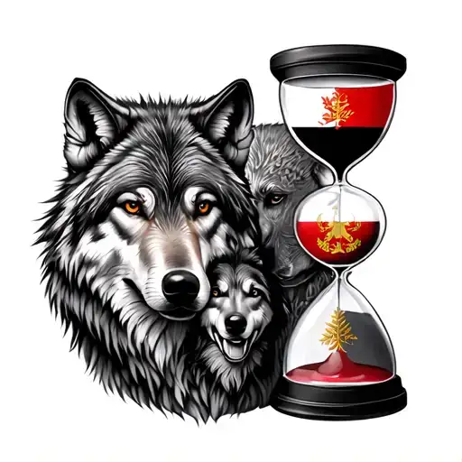 Family and forest and hour glass and wolf and albanian flag tattoo design idea