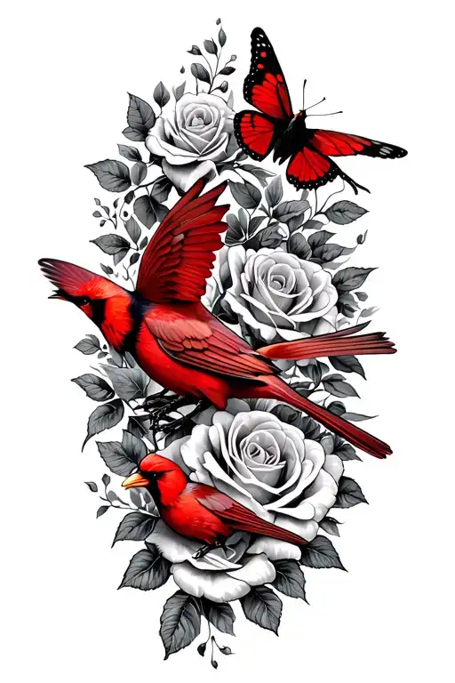 butterflies,roses,2 red cardinal flying towards tattoo design idea