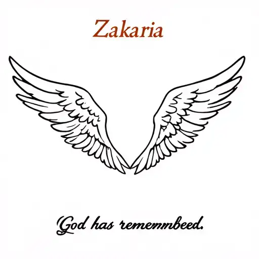 Angel wings with Cursive inbetween that says: Zakaria, with bold print underneath that says "God has remembered" tattoo design idea