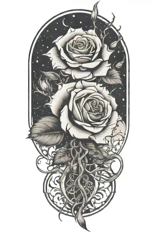 Rose with spiked vines and a space background tattoo design idea