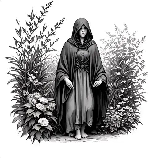 female hermit wearing a cloak in a garden tattoo design idea