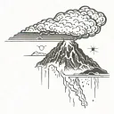 volcano, single cloud blow, sun setting tattoo design idea