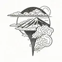 volcano, single cloud blow, sun setting tattoo design idea
