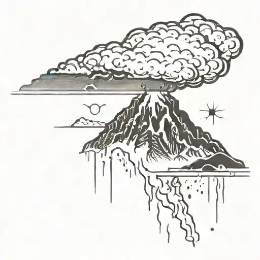 volcano, single cloud blow, sun setting tattoo design idea