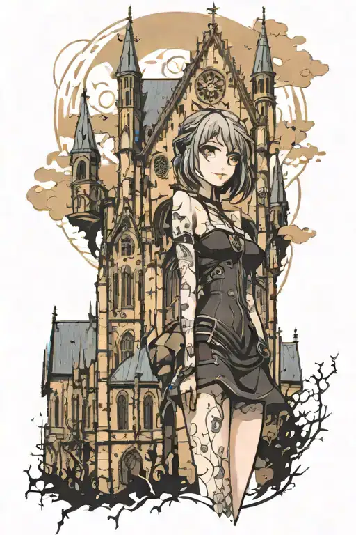 gothic anime girl with a gothic church towers filler background  tattoo design idea